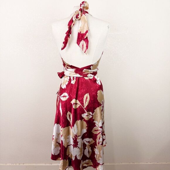 Y2K Vintage BCBG Silk Floral halter Red Mini Dress Wrap Size 4/6 - Picture 6 of 8